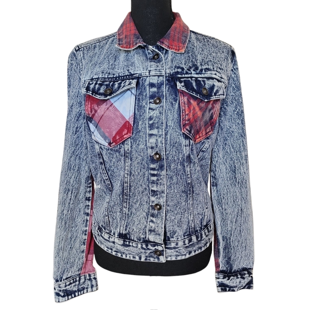 Navie Boutique Acid Wash Vintage Inspired Denim Plaid Jacket Womens Size M